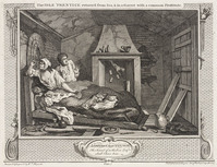 KG 15033
<br/>
The idle prentice returned from sea and in a garret with a common prostitute uit de prentenserie Industry and idleness
<br/>
<em>Hogarth, William (1697 - 1764)</em>